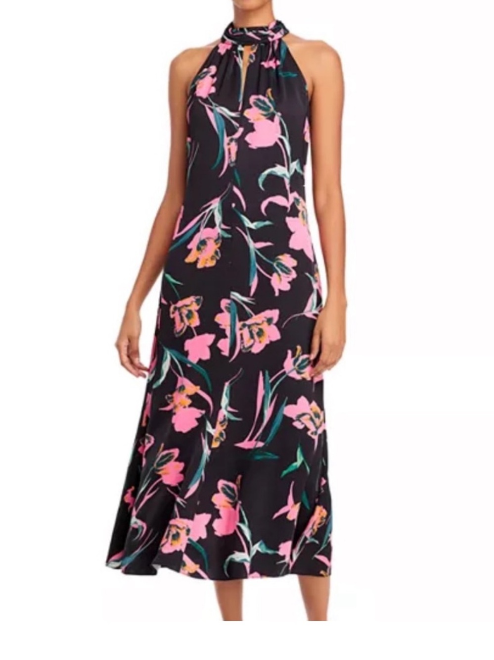 Milly Adrian Floating Botanica Floral Halter Midi Dress Black Pink Size 8